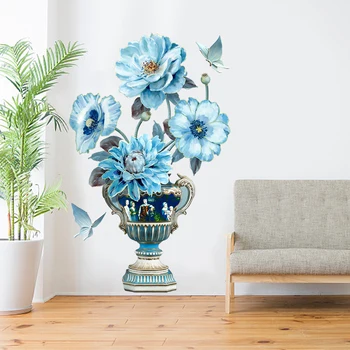 70*110 cm Modrý Kvet Váza 3D Samolepky na Stenu Ročníka Art Plagát, Obývacia Izba, Spálňa Home Office Dekor Samolepka Papier