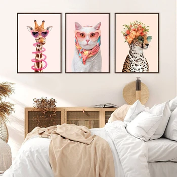 Ružová Zvierat Plagát Žirafa Gepard Mačka Plátno na Maľovanie Kawaii Škôlky Tlač Wall Art Obrázky pre Deti Miestnosti Domova