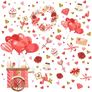 Balóny Koláče Ruže, Kvety Okno Lepiť Nálepky Obchod Valentína Doulbe Obojstranný Statický Nálepky DIY Dekorácie Umenie