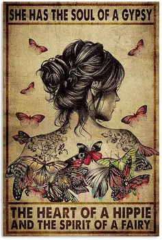 Kovov Cín Znamenia, Joga Dievča Dušu Cigánske Srdce Hippie Butterfly Girl Vertikálne Plagát Vintage Retro Umenie Obrázok na Stenu Dekor