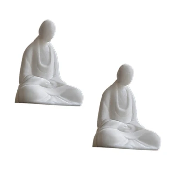 2X Mini Biele Keramické Sochy Budhu Meditujúci Mních Sochu Budhu Zenový Štýl Domáce Dekorácie