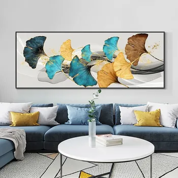 Rastliny Ginkgo Listy Na Plátne, Plagát, Nordic Žltá A Modrá Olejomaľba Tlač Wall Art Obrázok Pre Obývacia Izba Domova
