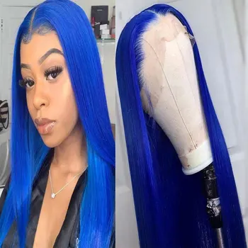 Modrá Syntetické Vlasy Predné Čipky Parochne Glueless Rovno Tepelne Odolné Vlákna Prírodné Vlasové Uprostred Lúčenie Pre Biele Ženy Parochne