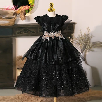 AnXin SH Detí Princezná Šaty o krk bez rukávov čierny kvet čipky Rozšírené Klavír Šaty Flower Girl Sukne malé čierne šaty
