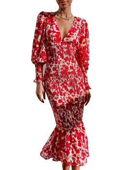 Nové Letné dámske Šaty na Tenké Svietidla Rukáv tvaru Tlačené Trúby Ženy Šaty Elegantné Vintage Dlho Formálne Šaty pre Ženy