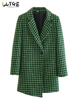 Elegantné Houndstooth Kabát Pre Ženy Móda Jediného Tlačidla Zahustiť Teplý Vlnený Kabát Žena Chic Dlhý Rukáv V Krku Tweed Kabát