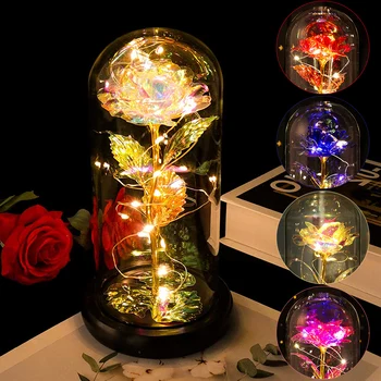 Valentína Darček Umelé Večný Rose LED Svetlo Krásy Šelmy V Sklenených Zlatej Fólie Kvetinová Víla Svetlá Spálňa Decor
