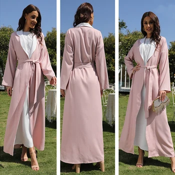 Nové Stredného východu Arabských Moslimských Rúcha Cardigan Color-blocking Pás Otvoriť Abaya Kimono turecký Tunika Abaya Femme Musulman