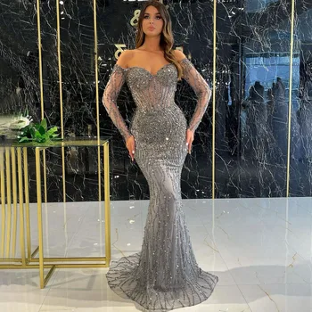 Serene Hill Sivá Sexy Morská panna stabilizované dosky Krku Luxusné Korálkové Elegantné Večerné Šaty Šaty 2023 Pre Ženy Strany LA71650