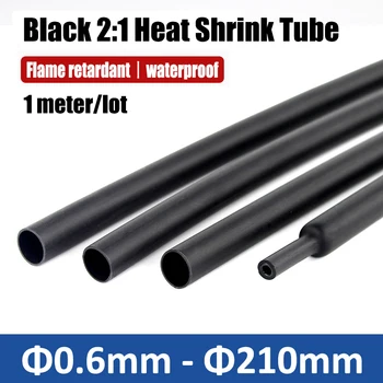 1 Meter Plnej veľkosti φ0.6 mm-210mm Black Zmršťovacej Trubice 2:1 Polyolefínov Tepelnej Kábel Rukáv Izolovaných Káblov Wire Heatshrink Trubice