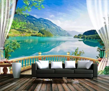 beibehang Vlastnú tapetu 3D photo nástenná maľba lesa balkón jazero modrá obloha čistá voda biele oblaky rieky tapety abstraktných de parede