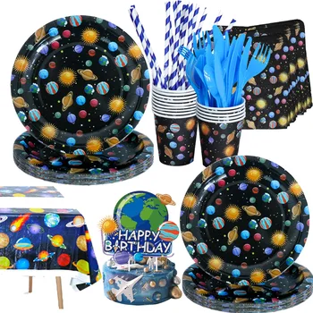 Space Party Dodávky Priestor Narodeniny Dekorácie pre Chlapcov Galaxy Party Dekor Happy Birthday Party Jednorázový Riad Nastaviť