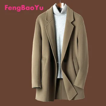 Fengbaoyu Jeseň a v Zime obojstranné Cashmere Mužov Kabát Double-breasted jedno Tlačidlo 100% Vlna Business Pán Čierny Plášť