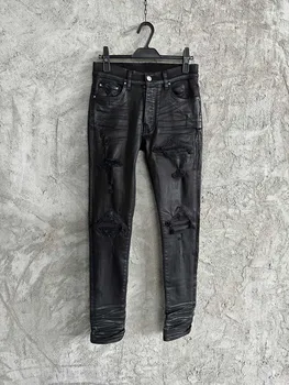 Voskovaný kožené džínsové nohavice vysoko-elastický džínsové tkaniny ručné otvory, aby sa staré ležérne módne 2023 jeseň nový štýl 0318