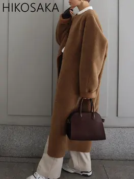 Streetwear módy Ženy Baránok Vlna Bunda O-krku Voľné Dva Spôsoby, ako ich Nosiť Dlhý Kabát Japonský Elegantné Teplé Jesenné Zimné Oblečenie