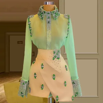 Lipovo Zelená Koktejlové Šaty Plášť Dlhé Rukávy Krátke Mini Šifón Korálkové Návrat Domov Haute Couture Šaty