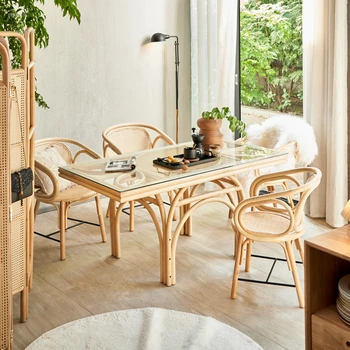Japonský Masívneho Dreva písacie Stoly, Tvorivé Rodine Prírodný Ratan Jedálenský Stôl a Stoličky Set Home Hotel Restaurant Villa Tabuľky
