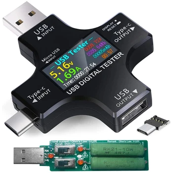 USB C Tester 2 v 1, Typ C, USB Tester Farebný Displej IPS Digitálny Multimeter Napätia, Prúdu Teploty s Loader