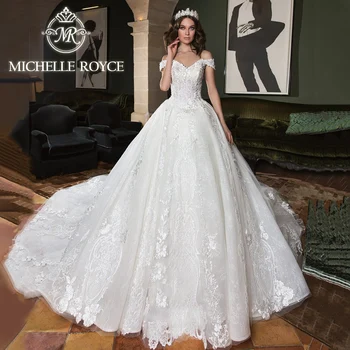 Michelle Royce Plesové Šaty, Svadobné Šaty Pre Ženy 2023 Milú Mimo Ramenný Appliques Sequined Čipky Royal Vlak Svadobné Šaty