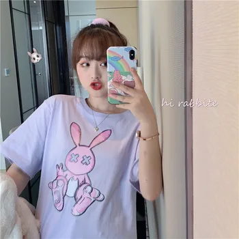 Dámske tričká Topy Japonský Kawaii Dámy Ulzzang Voľné Cartoon Králik Tlačiť T-shirt Žena kórejský Harajuku Oblečenie Pre Ženy