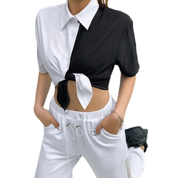 Leto trend fashion T-shirt čierna a biela punk štýl krátky rukáv klope uviazať uzol tričko tričko ženy