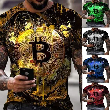 Pánske crewneck krátky rukáv t-shirt 3D digitálna tlač bitcoin teen green trend t-shirt