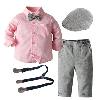 Chlapec Dieťa Svadobný Oblek Batoľa Deti Obliekať Nastaviť Klobúk + Tričko + Motýlik + Šedé Nohavice 4 Kusy Pekný Pán Kostým Ružová