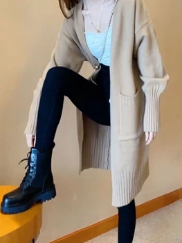 Kórejský Módne Zimné Oblečenie Žien Sveter Farbou tvaru Strednej dĺžky Pletený Sveter Ženy Kabát, Sveter Nadrozmerné Cardigan