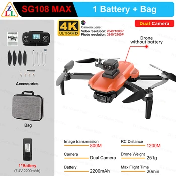 SG108 Max GPS Drone 5G Wifi FPV 4K HD Dual Camera Striedavé RC Skladacia Quadcopter 1000m Ovládanie Vzdialenosť Dron