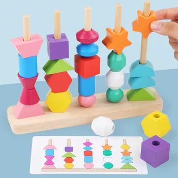 Drevené Hračky Montessori Farba Tvar Puzzle Pre Stohovanie Hry Farbou Rozpustenou Farba Vzdelávania Skoro Vzdelávacie Hračky Darček Pre Deti