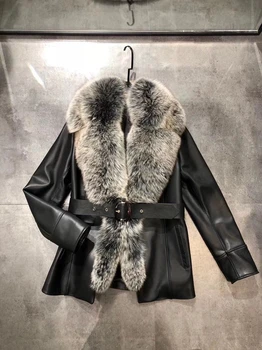Luxusný Kabát Pás Módne Zimné Bundy Ženy, Skutočné Kožušinový Kabát Skutočné Ovčej Kože, Kožušiny Bunda Veľké Fox Kožušiny Golier