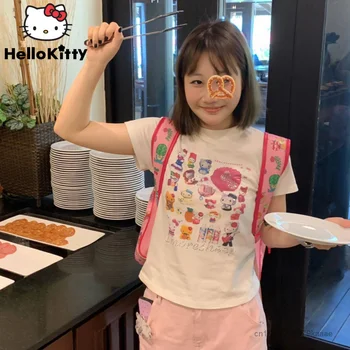 Sanrio Hello Kitty New Slim T-shirt Ženy Letné Tričká Krátky Rukáv Roztomilý Plodín Top Karikatúra Tlače Fashion White Tees Oblečenie Y2k