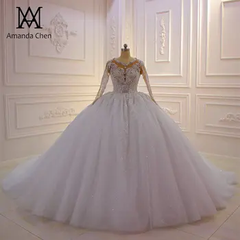 vestido de novia princesa Dlhý Rukáv Čipky Nášivka Drahokamu Krištáľovo Čisté Biele Svadobné Šaty