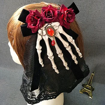 Kostra ruky Gotický tmavé lolita závoj strane kosti brošňa vlasy príslušenstvo cosplay
