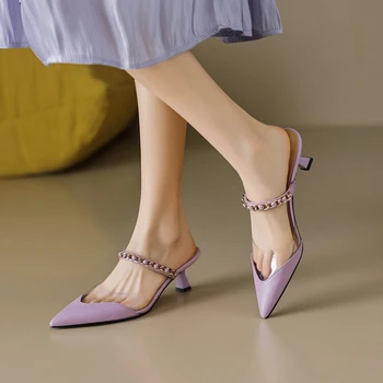 Letné Ženy Papuče Originálne Kožené Topánky pre Ženy Ukázal Prst Tenké Päty Tkaných Sexy Vysokým Podpätkom Ženy Sandále Kryt Prst Sandále