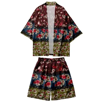 Dvoch-dielny Oblek Japonský Kvetinový Tlač Cardigan Ženy Muži Cosplay Yukata Oblečenie Harajuku Kimono A Šortky Sady