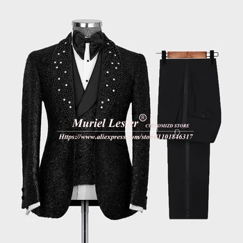 Lesk Čierne Obleky Mužov Slim Fit Formálne Svadby Smoking Tailore-Made 3 Kusy Korálkové Sako, Vesta Nohavice Mužskej Módy Strany Outwear