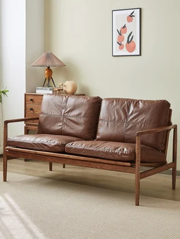 Nordic vintage masívneho dreva kožená sedačka, cowhide inline dvojité trojlôžkové rodinné obývacia izba, moderne jednoduchý malý apartmán