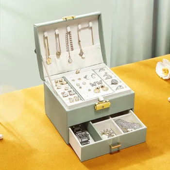 Zelená 3-Vrstva Pu Kožené Šperky Organizátor Box Náhrdelníky, Náušnice, Prstene Displej Držiak Prípade pre Ženy Veľkú Kapacitu, So Zámkom