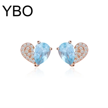 YBO Trendy Stud Náušnice Ženy Pôvodné 925 Sterling Silver Srdca Náušnice Luxusné Svadobné Party Jewelri Prírodné Topaz Ucho Krúžky