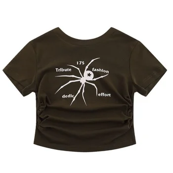 Americký Retro List Spider Tlač Tshirts Lete Štíhly Pás Řasnice O Krk Tees Ženy Y2k Krátke Camisetas Plodín Topy Ulici