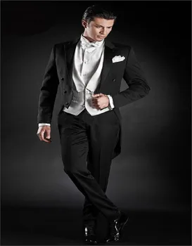 Klasické Pánske Oblek Black Satin TailCoat Ženícha Tuxedos Groomsman Sako Sady Zákazku Pekný Formálne oblečenie (bunda+nohavice+vesta)