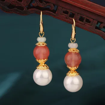 Etnický kórejský crystal pearl náušnice vintage Čínsky štýl, melón crystal drop náušnice šperky pre ženy