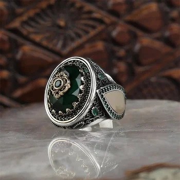 Kúzlo Nádherné Strieborné Čiernej Farby Geometrie Prstene pre Mužov, Moderné Kovové Vykladané Zeleného Kameňa Svadobné Šperky, Zásnubné