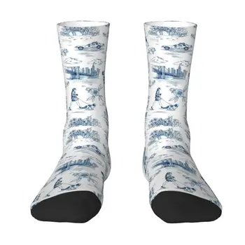 Cool Vytlačené Toile De Jouy francúzsky Motív Ponožky pre Mužov, Ženy Tvárny Leto Jeseň Zima Flóry Posádky Ponožky