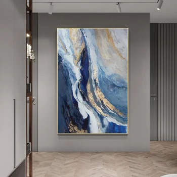 100% Ručne Vyrábané Moderné Abstraktné Zlatej Fólie Čiary Modré Plátno Art Obrazy Na Obývacia Izba Nordic Domáce Dekorácie Obrázky