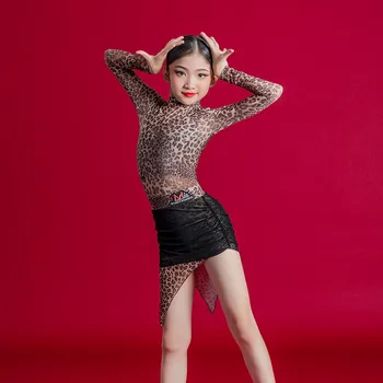 Dievčatá Leopard latinskej Tanca Oblečenie Detí, Rumba, Samba Dancewear ChaCha Výkon Kostým Split Vyhovovali Kombinézu Sukne YS2487