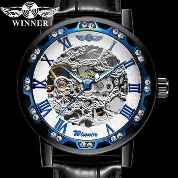 VÍŤAZ Strane Vetra Muži Mechanické Náramkové hodinky Vojenské Armádny Šport Muž Hodiny Top Značky Luxusné Modrá Kostra Hollow Man Sledovať 8012