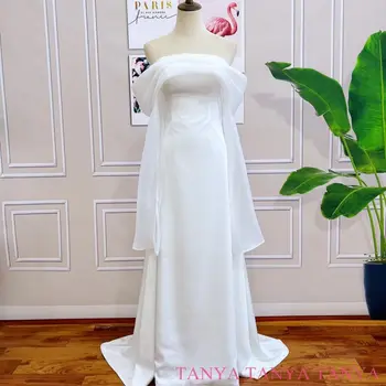 Elegantný Jednoduchý Plášť Svadobné Šaty bez Ramienok Ramena Illusion3/4 Rukávmi Elegantný Čipky Späť Svadobné Šaty TT608