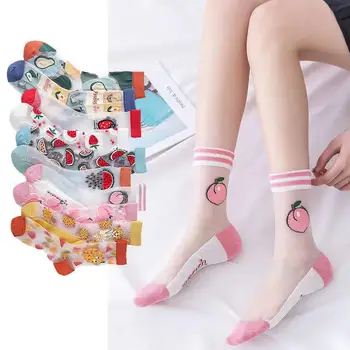 Dievčatá Sukne, Ponožky Japonský Kórea Štýl Ženy Letné Tvorivé Ovocie Hodváb Trend Tlač Ultratenké Sklo Žakárové Transparentné Ponožky